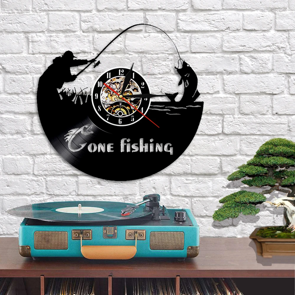 Gone Fishing Fish Rod Wall Clock Fisherman Home Decor Fishing Vinyl Record Wall Clock Timepieces Handmade Gift For Fishermen