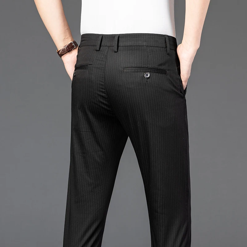 Brand 2024 New Pants Mens Stripe Stretch Pant Straight Slim Fit Business Plaid Formal Wedding Korea Work White Trousers Male