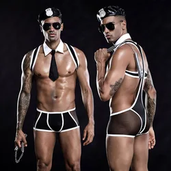 JSY Sexy Men's Police Uniform Lingerie Set Cosplay Bodysuit Underwear Erotic Catsuit Porno Costumes for Sex Role Play Outfits