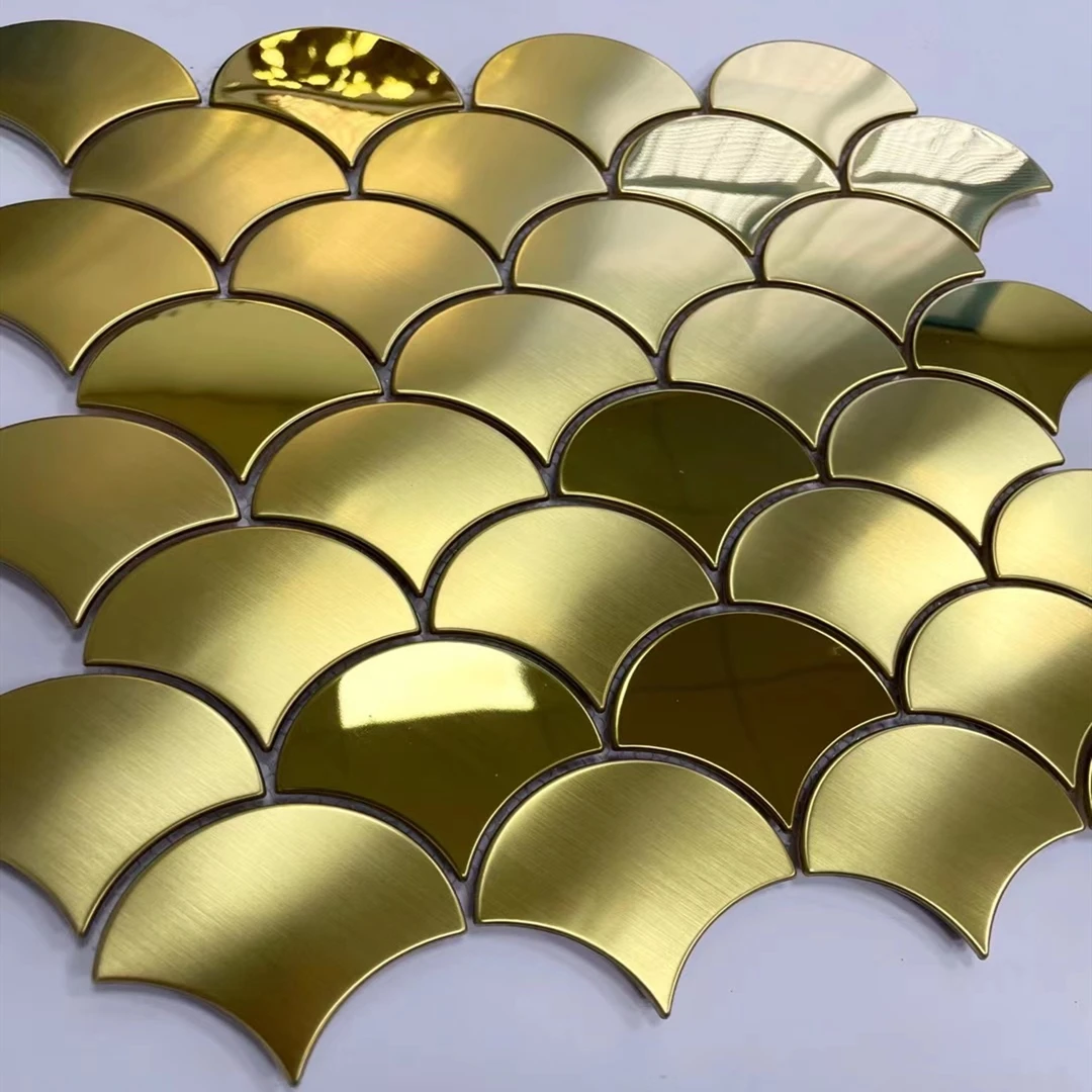 Luxury Gold Shell Fan Shaped Mirror Brushed Metal Mosaic Tiles, 4 Color Option