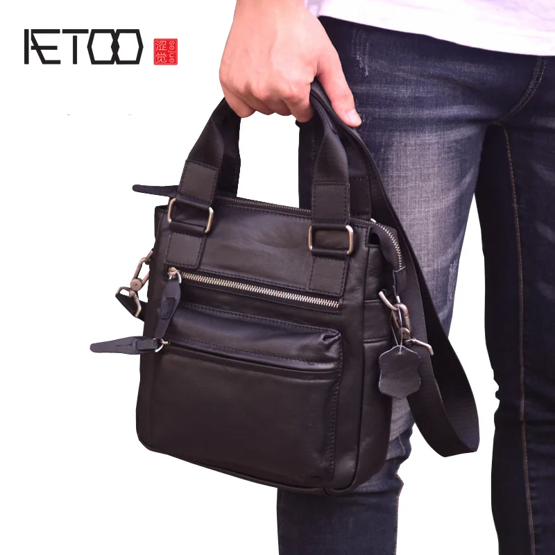 AETOO Men\'s leather bag, vertical business casual shoulder-length span bag, head leather men\'s briefcase