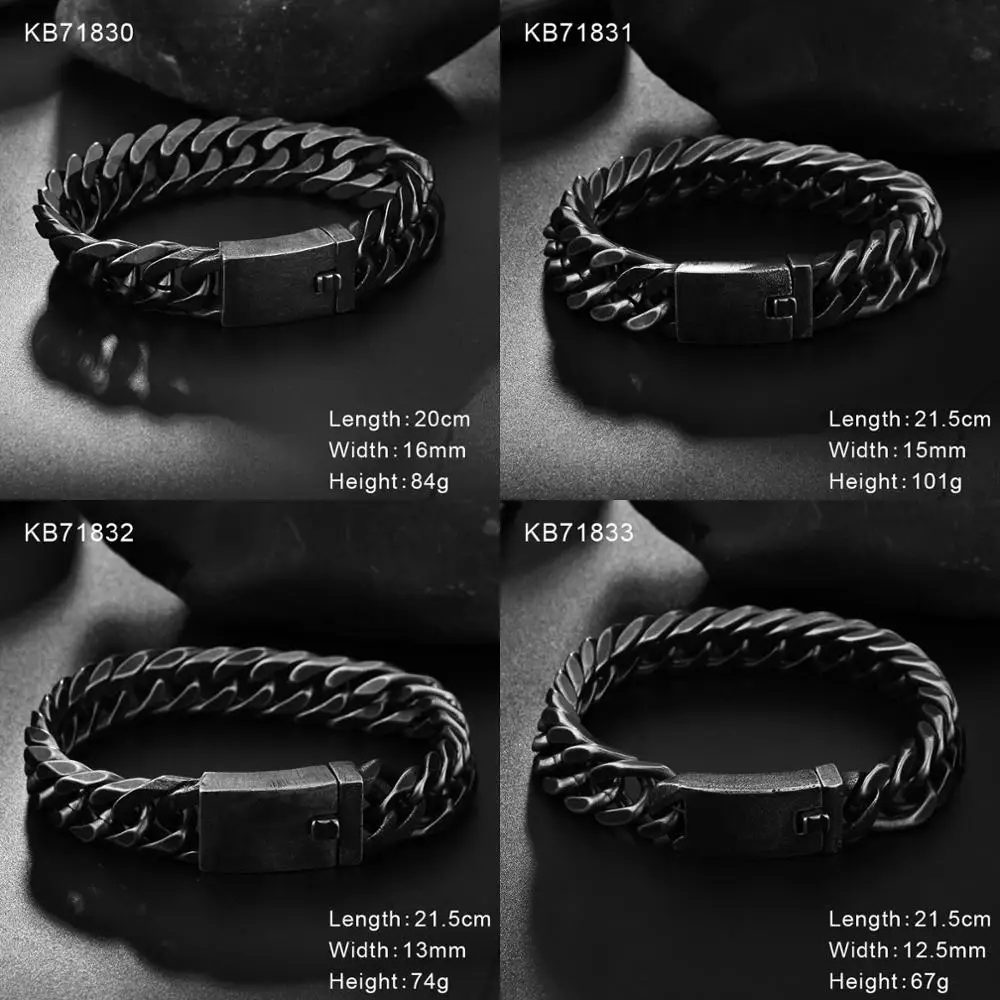 Fongten Retro Black Bracelet For Men Cuban Chain Stainless Steel Heavy Wide Curb Bracelets Bangle Male Jewelry Christmas Gift