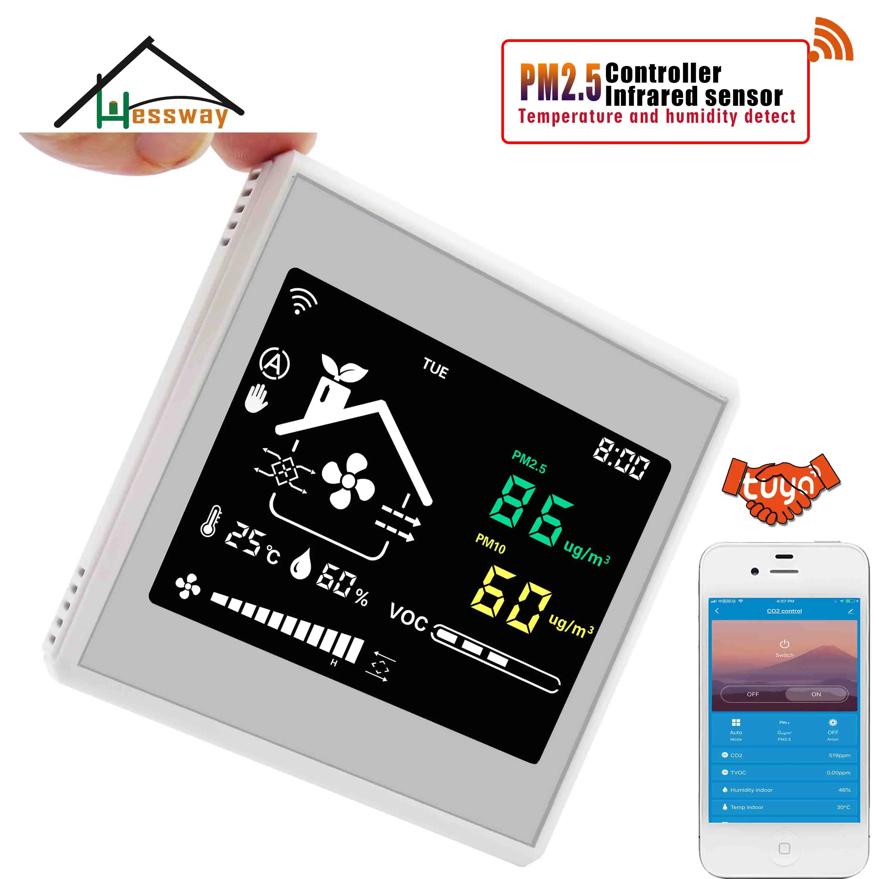 HESSWAY WIFI RS485 Temperature Humidity Monitor and Control PM10 PM2.5 for Sensor Air Ventilation System 3 Speed