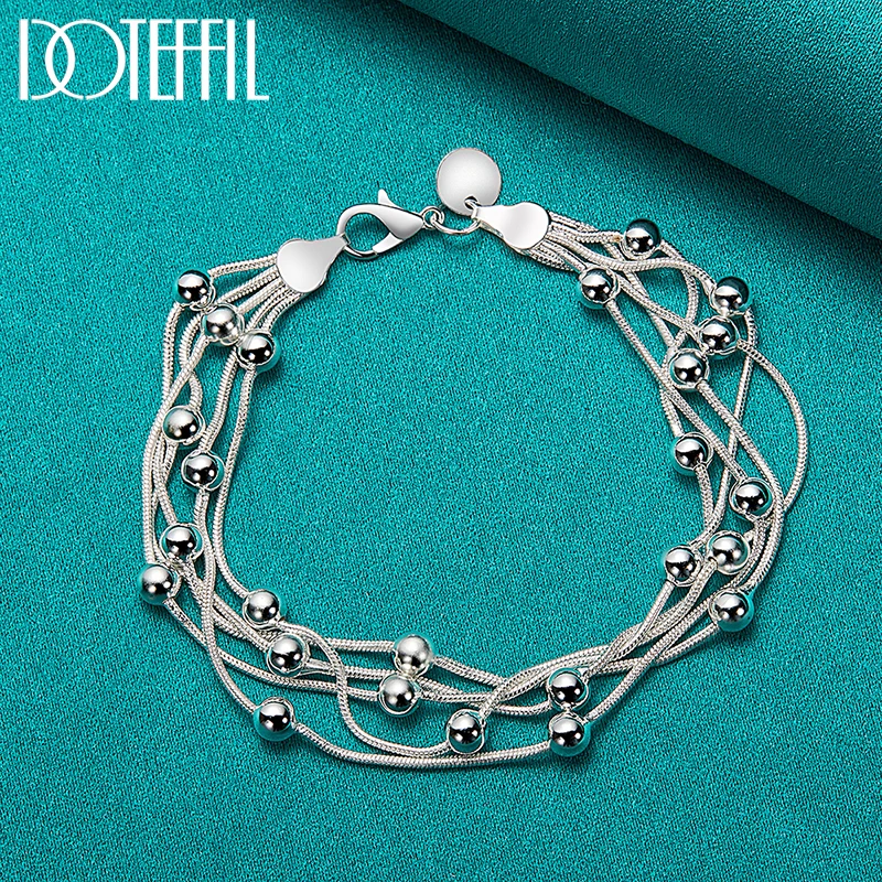 DOTEFFIL 925 Sterling Silver Five Snake Chain Bracelet Smooth Bead Silver Bracelet Fashion For Women Wedding Engagement Jewelry