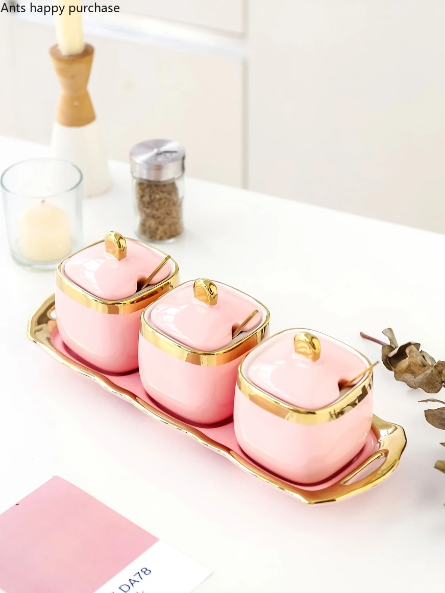 Nordic Light Pink Golden Rim Ceramics Sugar Bowl Salt Shaker Seasoning Tank Castor Seasoning Bowl Three-piece Suit Ceramic Jar