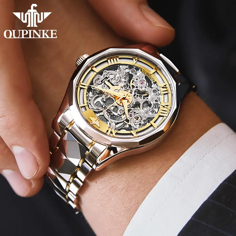 OUPINKE High Quality Hollow Out Automatic Watch for Men Tungsten Steel Strap Sapphire Mirror 5Bar Waterproof Watch Reloj Hombre