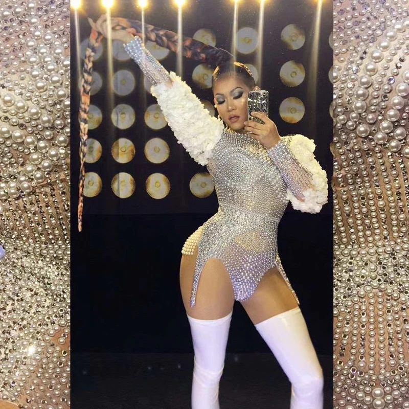 nappa di lusso Perla Strass Body Donna Body sexy pole Dance Festa di compleanno Club drag queen Costume da performance sul palco