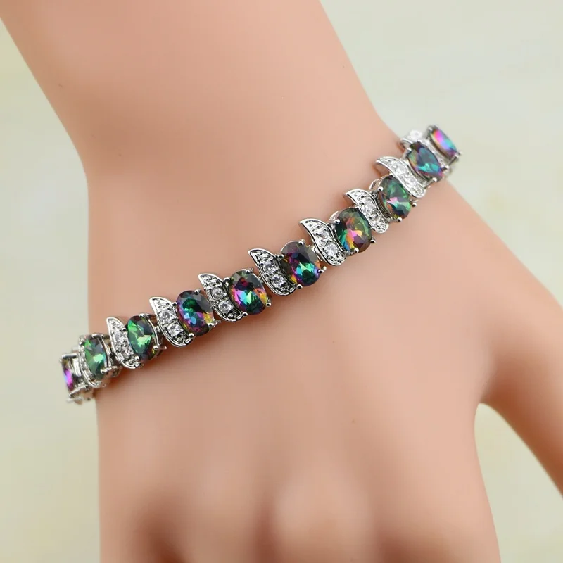 Rainbow Mystic Cubic Zirconia White Crystal Silver Color  Jewelry Charm Bracelet For Women