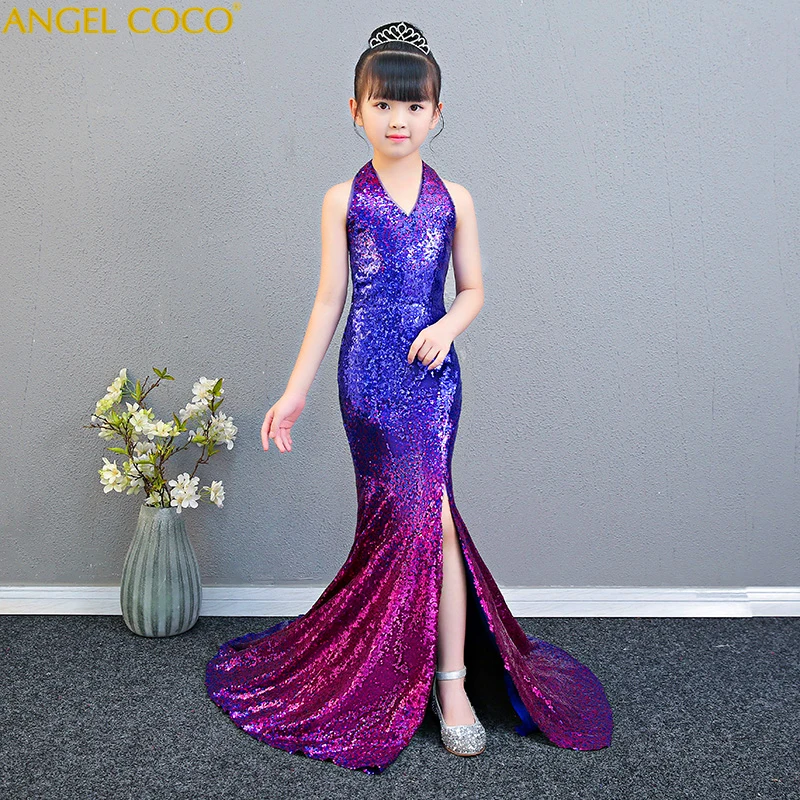 

Gradient Sequins Shiny Formal Teenage Girl Party Dress Festive Performance Mermaid Evening Dress Show Model Catwalk Robe Fille