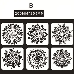 再利用可能なマダラフラワーステンシル、DIY壁の絵、ビルダーテンプレート、スクラップブックの装飾、日記スタンプ、着色エンボス、20x20cm、6個