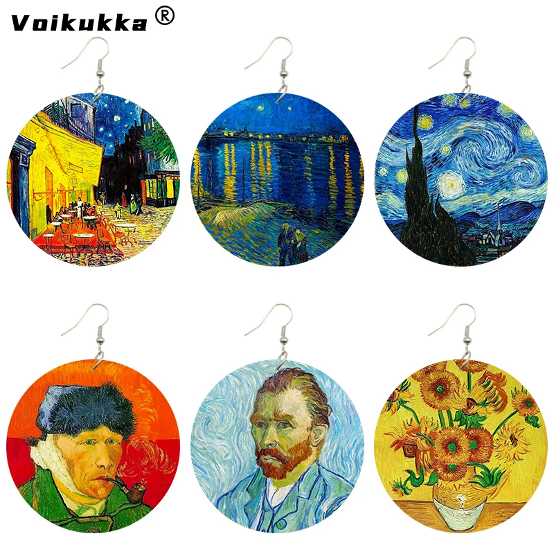 Voikukka Jewelry Van Gogh Paintings Self  Portrait Pattern Wooden Both Sides Print Pendant Drop Women Earrings For Gifts