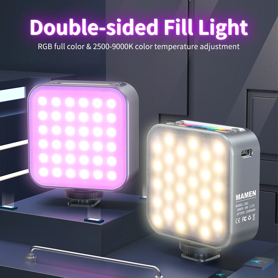 MAMEN RGB Video Light Bi-color 2500-9000K Mini Camera Light Magnetic Adsorption LED Panel Lamp for Selfie Vlog Ambient Lighting