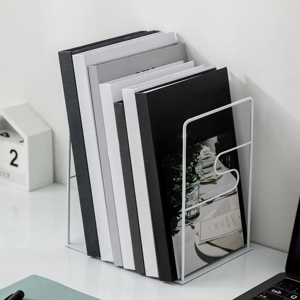 1 PC Bookends Black White Simple Wrought Iron Book Stand Metal Student Office Desk Storage Shelf Holder Book Magazine Organizer