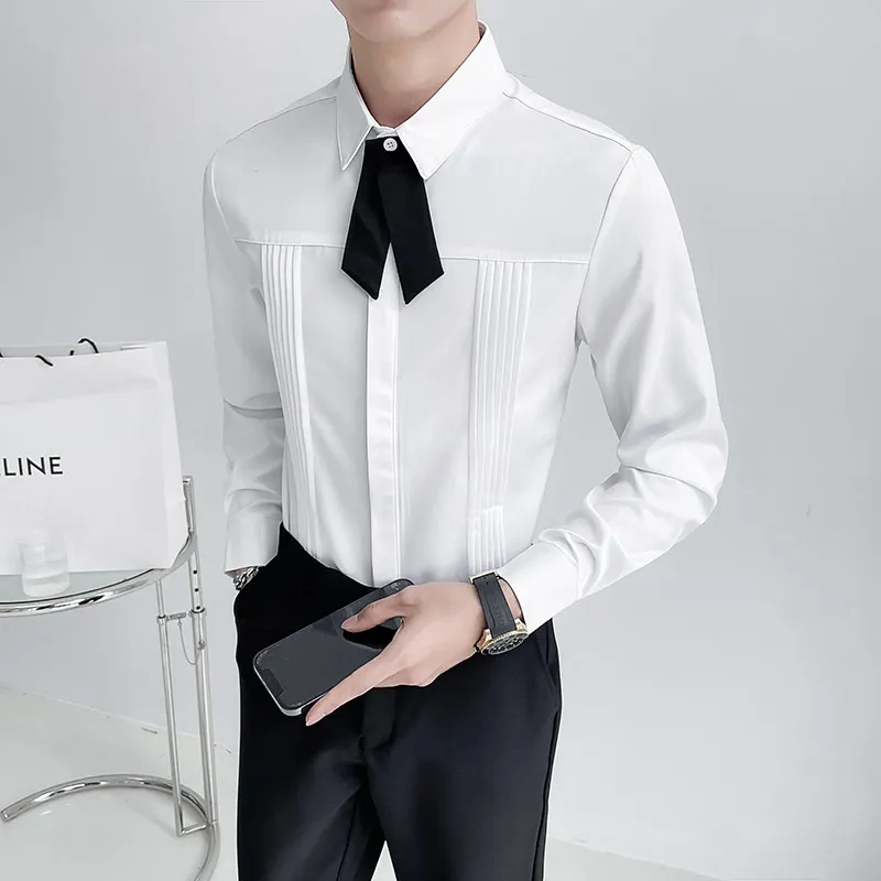 Luxury Men Wedding Party Shirt Korean Fashion Designer Men Pleated Slim Fit Shirt Men Long Sleeve Dress Shirt Social Streetwear