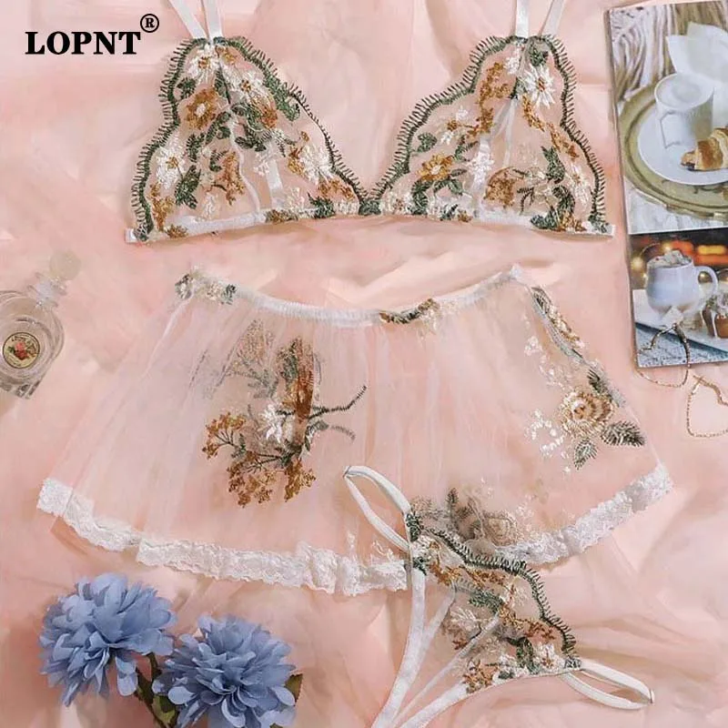 

LOPNT New Sexy Lace Bra Set Women's Mesh Flower Embroidery Underwear See-through Bralette Skirt Thong 3 Piece Erotic Lingerie