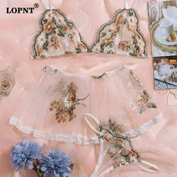 LOPNT New Sexy Lace Bra Set Women's Mesh Flower Embroidery Underwear See-through Bralette Skirt Thong 3 Piece Erotic Lingerie