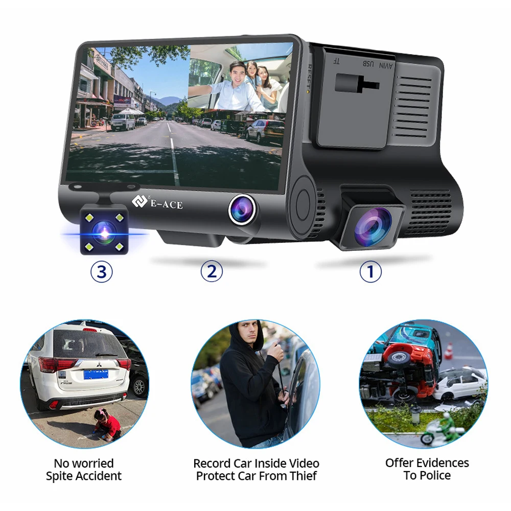 4 Inch Car Dvr Camera  Auto Recorder Dash Cam with 3 Cameras Full hd 1080p lens Registrator with Rear View Camera