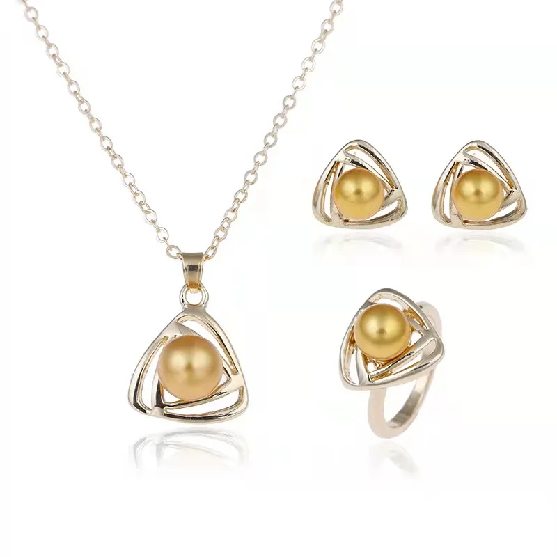 2021 Fashion casual triangular pearl Hollow out necklace + stud + ring 3 piece set Women\'s classic accessories jewelry set