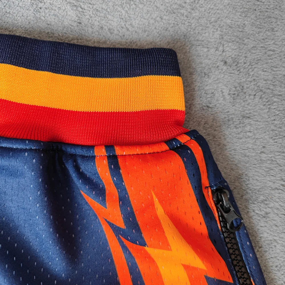 MM MASMIG Navy Golden State Flash Printed Basketball Shorts with Zipper Pockets Curry Street Style Sports Training Pants