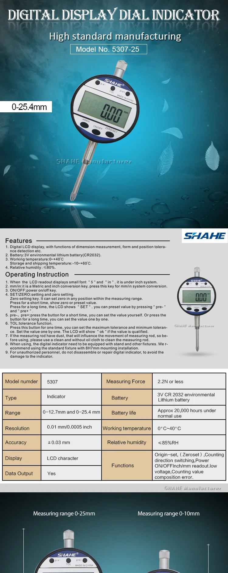 Shahe neuer Typ Anzeige 0-100/12.7mm 25,4mm digitale Messuhr Präzisions messwerk zeuge digitale Messuhr – Detail 1