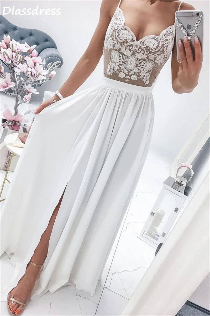 Pura Vestido de Noite Branco Cintas de Espaguete Rendas A Linha de Divisão Até O Chão Com Decote Em V Sexy Chiffon do baile de Finalistas Vestido Clube вечерние платья