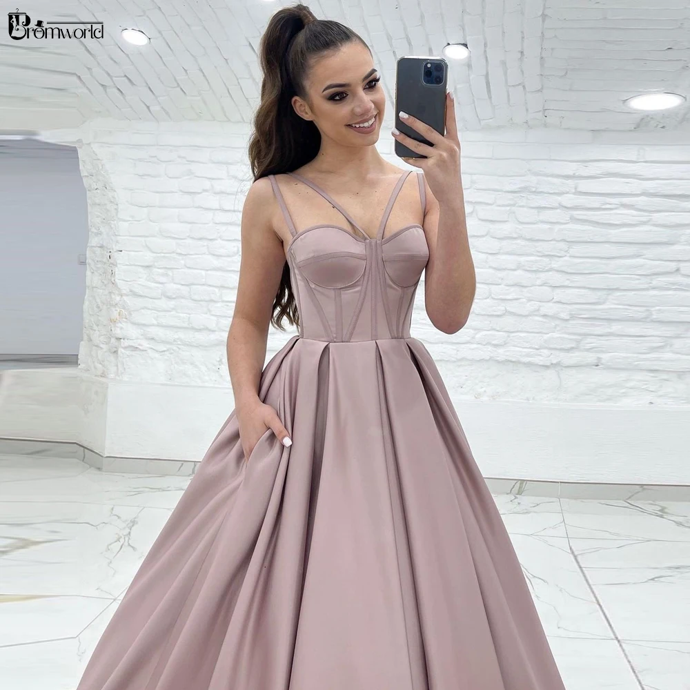 

Elegant Pink Prom Dresses Ball Gown Evening Dress 2022 New Sweetheart Straps A-line Satin Long Formal Party Gowns with Pockets