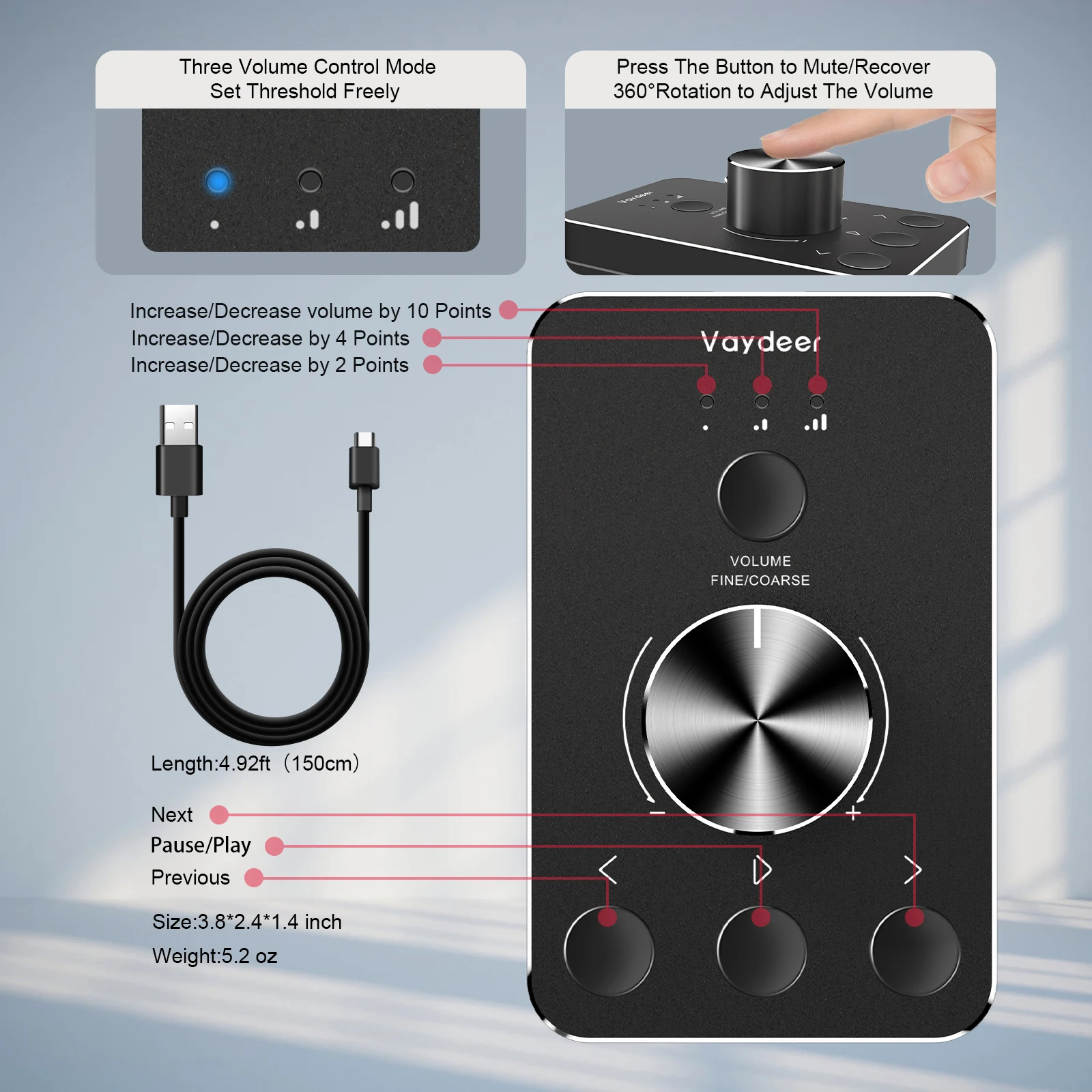 Usb Volumeknop Computer Speaker Controller Een Klik Mute Functie En 3 Volume Control Modes Audio Aanpassen