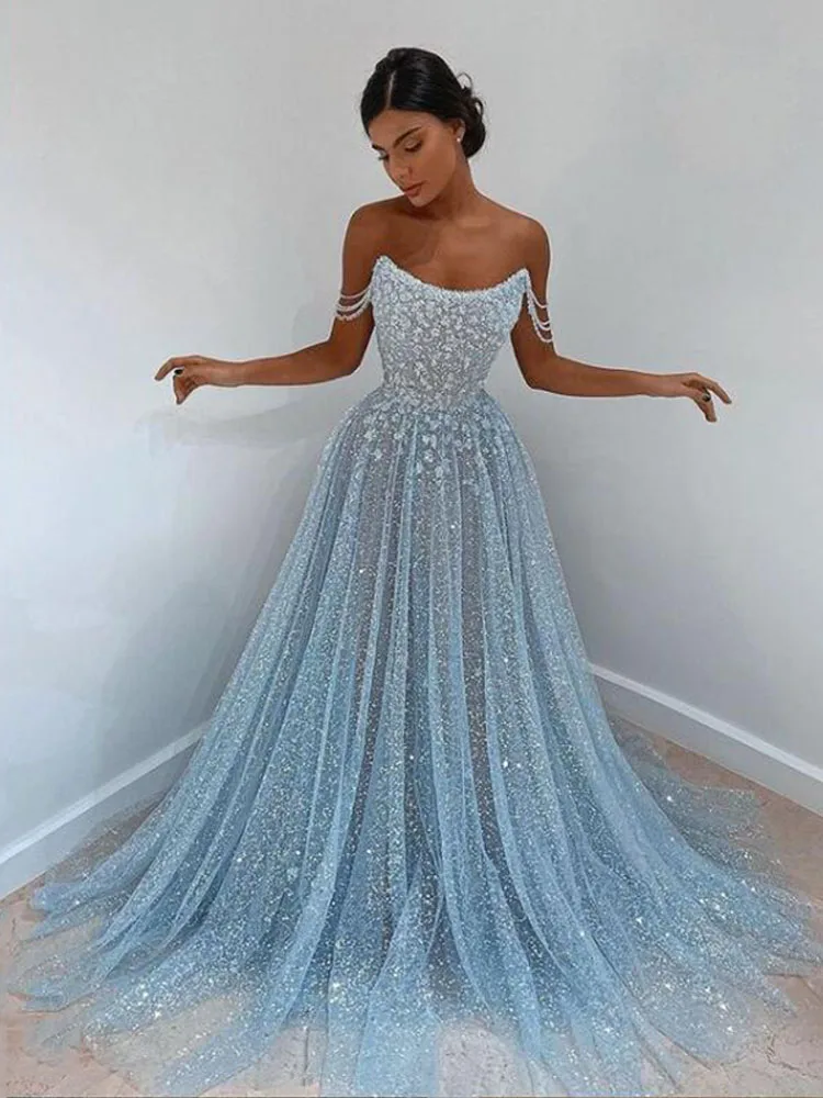 Shiny Kralen Prom Jurk Uit De Schouder Glitter Tulle A-lijn Arabisch Avondjurk Tulle Lange Party Dress 2021