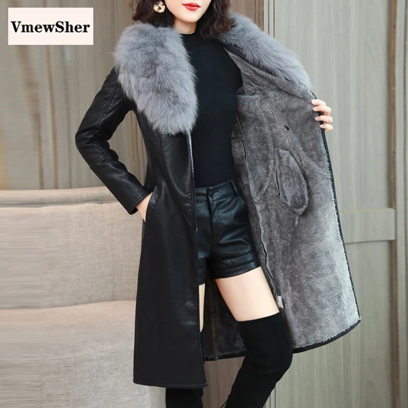 

VmewSher Winter Women Leather Jacket Big Fur Collar New Plush Lined Velvet Warm Slim Belt Long Leather Coat Female Outwear M-4XL