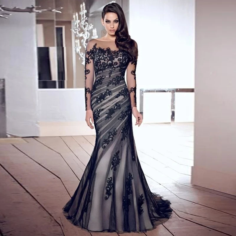 

Black Mother Of The Bride Dresses Mermaid Long Sleeves Tulle Appliques Plus Size Long Elegant Groom Mother Dresses Wedding