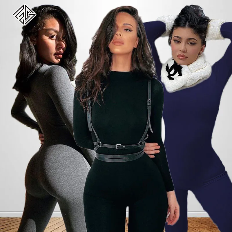 

2022 solid black/gray long sleeve skiing jumpsuit women elastic hight outfit fashion fitness sportwear slim rompers streetwear