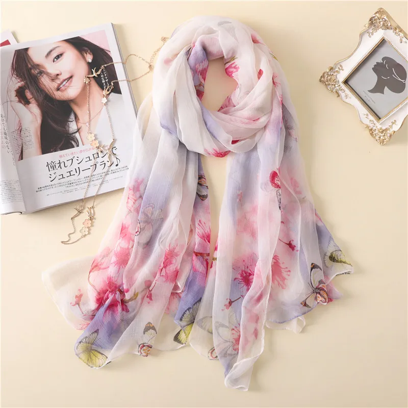 Fashion Women Silk Scarf Female Luxury Crocodile Folds Print Flower Foulard Shawls and Scarves Beach Sunscreen Pashmin