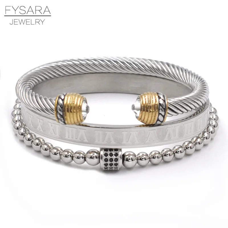 FYSARA 3pcs/set Luxury Roman Number Buckle Bangle Stainless Steel Beads Wristband Braiding Bangles Opening Cuff Men Bracelets