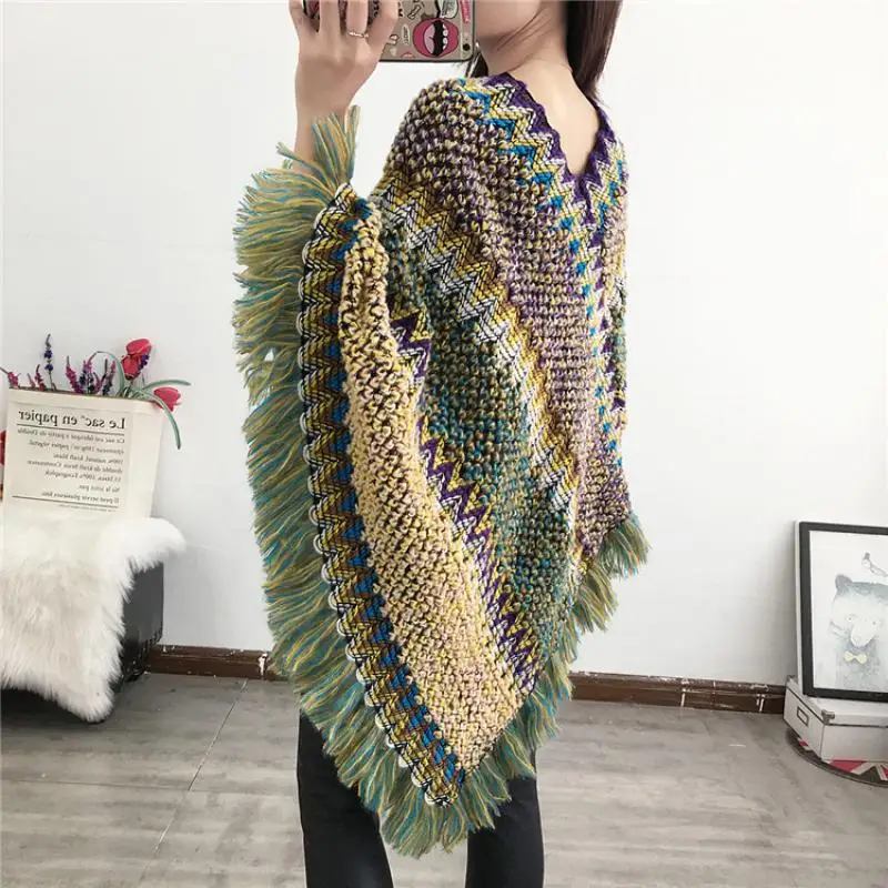 Swyivy Pullover Women Knitting Poncho Capes Autumn New 2020 Female Fashion Bohemian Poncho Cloak Tassel Winter Clothing