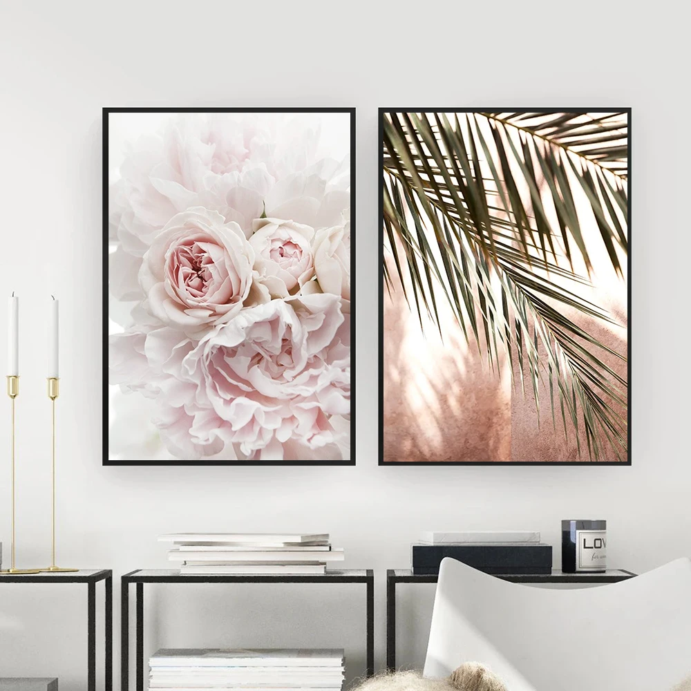 Pink Shadow Palm Leaf Poster Blush Canvas Painting Minimalist Nordic Flower Peony Rose Wall Pictures For Salon Living Room Decor