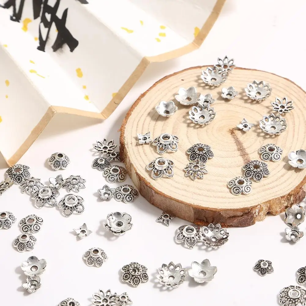 Mix 20Styles 50pcs Silver 6-14mm Flowers Filigree Petal End Caps Findings End Spacer Charms Bead Cap For Jewelry Making Supplies