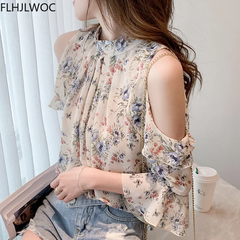 Cute Chic Tops Sweet Girls Holiday Date Wear Women Summer Flhjlwoc Korean Floral Chiffon Ruffled Off Shouler Top Blouse