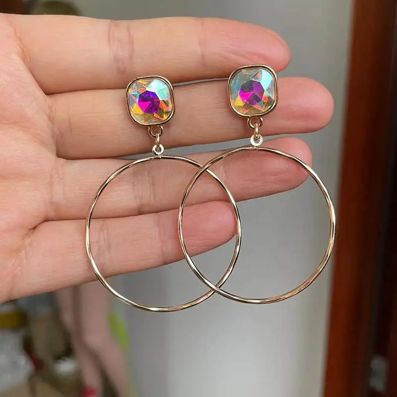 2022 New Fashion Cute Square AB Crystal Simple Water Drop Circle Rectangle Stud Earrings for Women