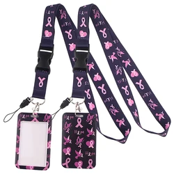 LT102 Pink Ribbon Breast Cancer Keychain Ribbon Lanyards for Keys ID Card Phone Straps Hanging Rope Lariat Students Badge Holder