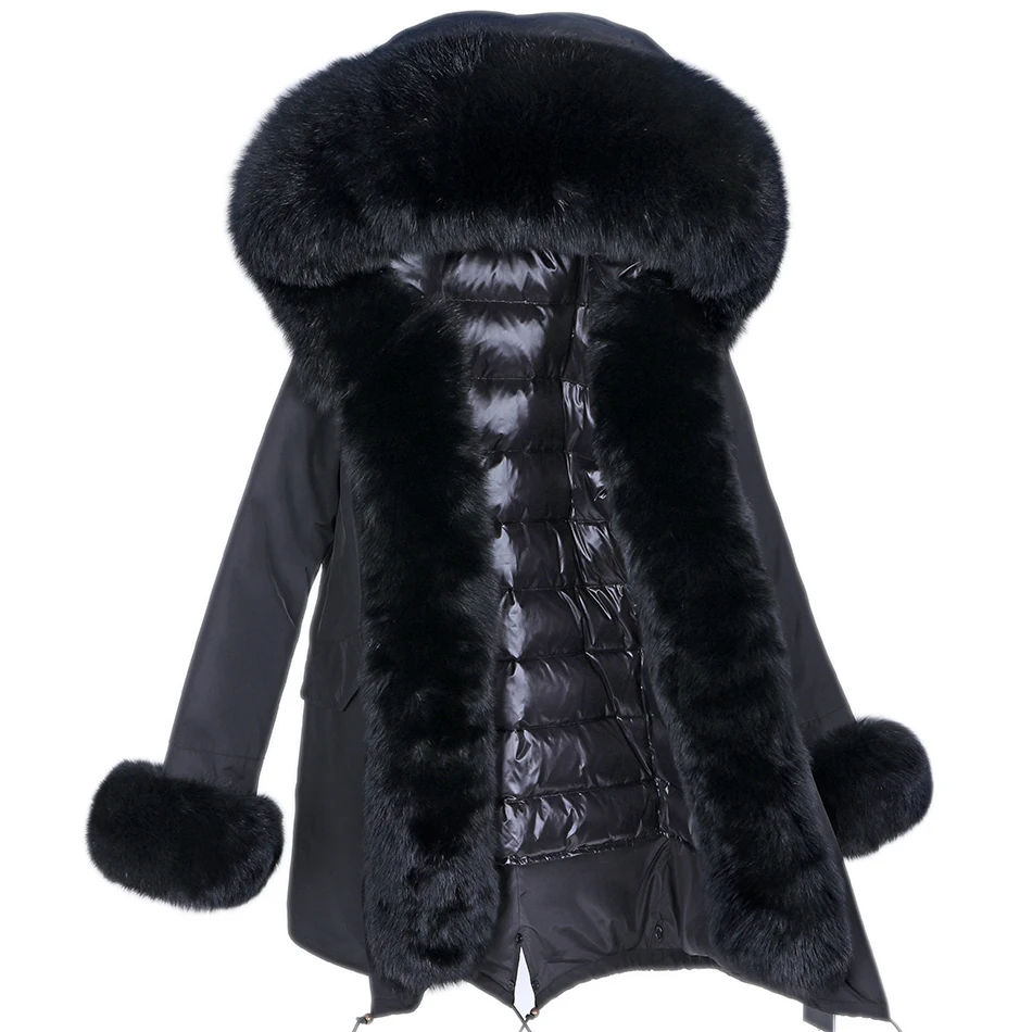 MAOMAOKONG Natural real fox fur with cuff fur Women\'s Jacket Thick Parka Coat Natural Real Fox Fur Collar Removable lining