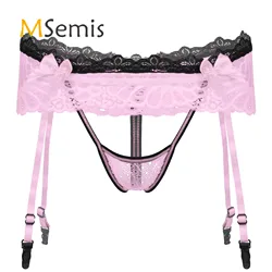 Mens Lingerie Sissy Underwear Hollow Out Lace Skirted Thongs Bowknot Crotchless T-Back Panties with Garter Belt G-String Briefs