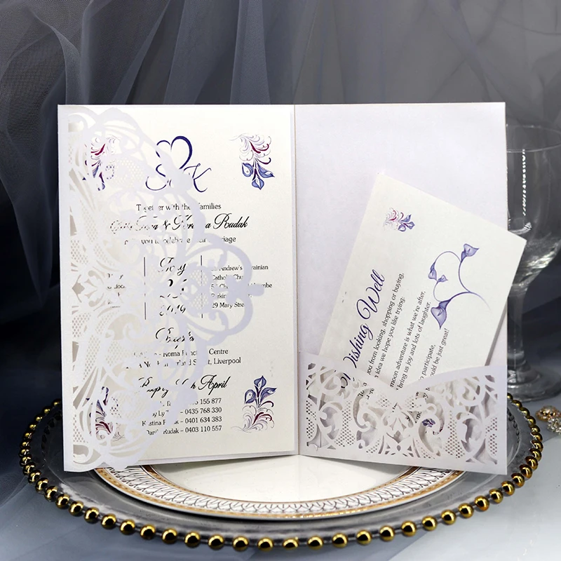 50pcs Blue White Laser Cut Wedding Invitation Card Business With RSVP Card Customize Greeting Cards Wedding Decor Party Supplies