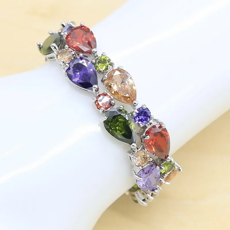 Gradient Red Semi-precious Silver Color Jewelry Sets for Women Earrings Bracelet Rings Necklace Pendant Gift Box