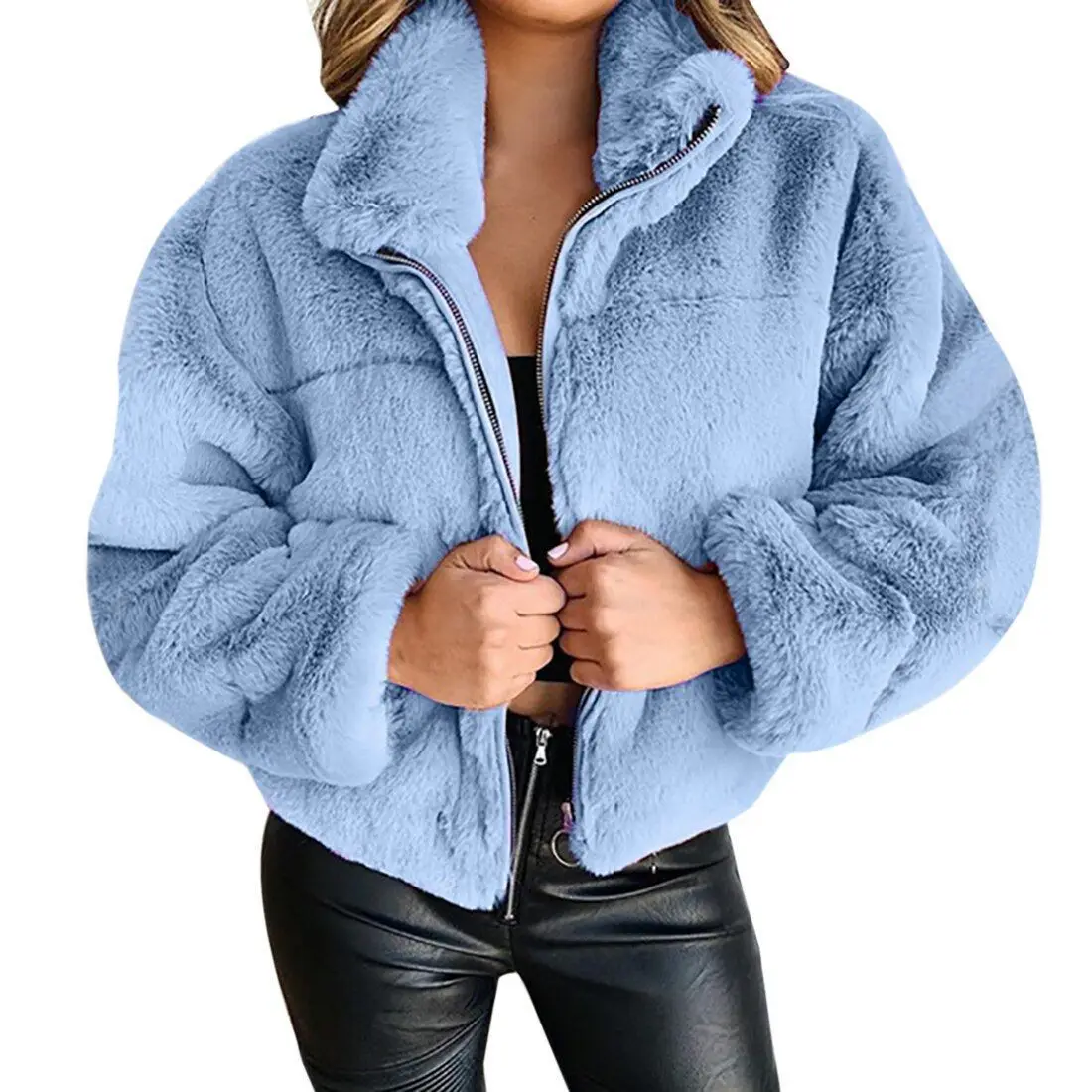 

Women Jacket 2021 New Warm Plush Casual Loose Hooded Coat Mixed Color Patchwork Winter Outwear Faux Fur Zipper Ladies Parka Coat