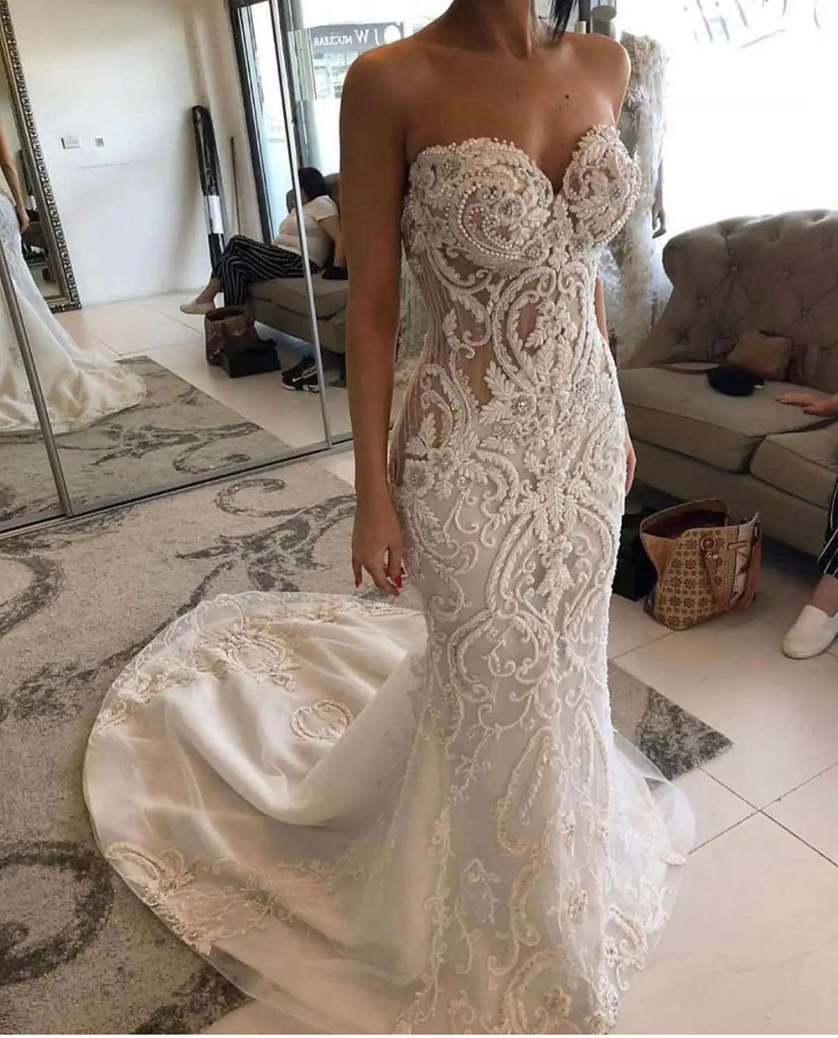 2021 arabisch Aso Ebi Luxuriöse Spitze Perlen Brautkleider Meerjungfrau Schatz Lange Brautkleider Vintage Vestidos De Noiva