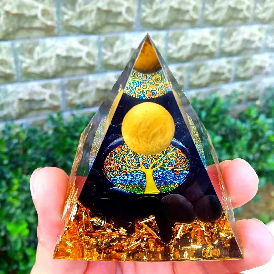 Orgonite Tiger Eye Crystal Sphere & Obsidian Quartz Orgone Pyramid 60MM Reiki Energy Healing Chakra Meditation