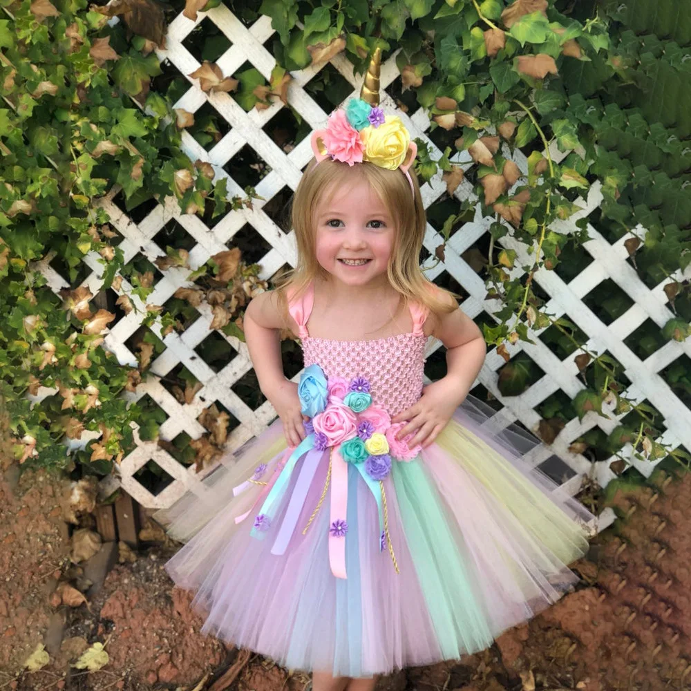 Girls Pastel Unicorn Flower Tutu Dress Kids Crochet Tulle Dress Ball Gown with Straps and Hairbow Children Party Costume Dresses