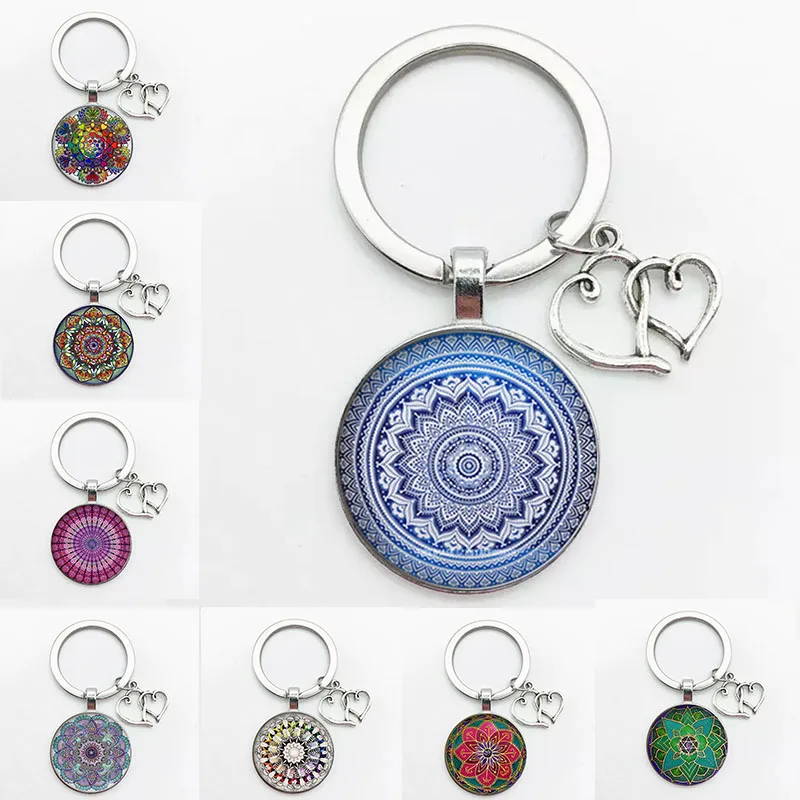 Hot Classic Retro Indian Yoga Mandala Flower Keychain Buddhist Chakra Pattern Key Ring Key Ring Chain Glass Cabochon Henna Jewel