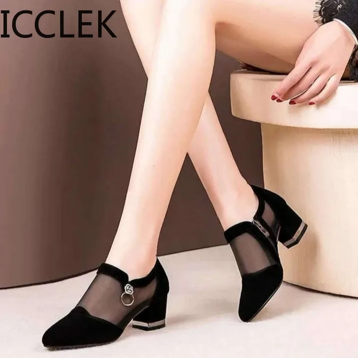 Women High Heel Shoes Mesh Breathable Pumps Zip Pointed Toe Thick Heels Fashion Female Dress Shoes Elegant Footwear A011