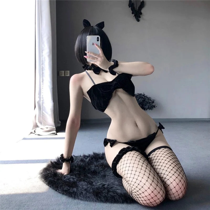 Neue Sexy Weinrot Pleuche Bowknot Brust Wrapping Dessous Set Bunny Frauen Anime Mädchen Cosplay Uniform Erotische Weihnachten Geschenk